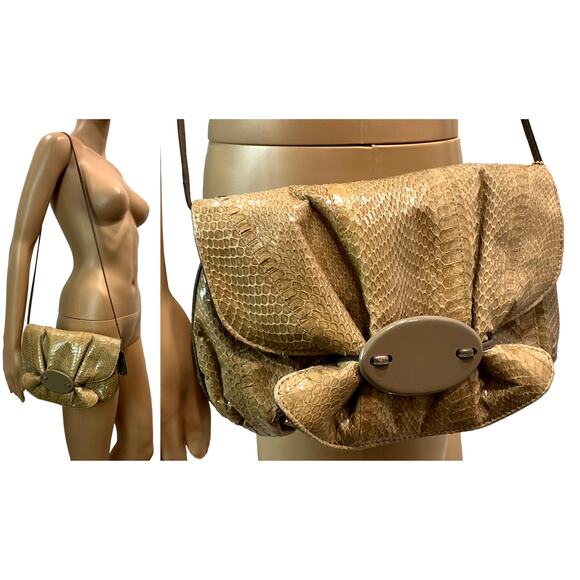80s Aspects Tan Snakeskin Shoulder Bag Pouch | 10 x 7.5 x 2" - Picture 1 of 11